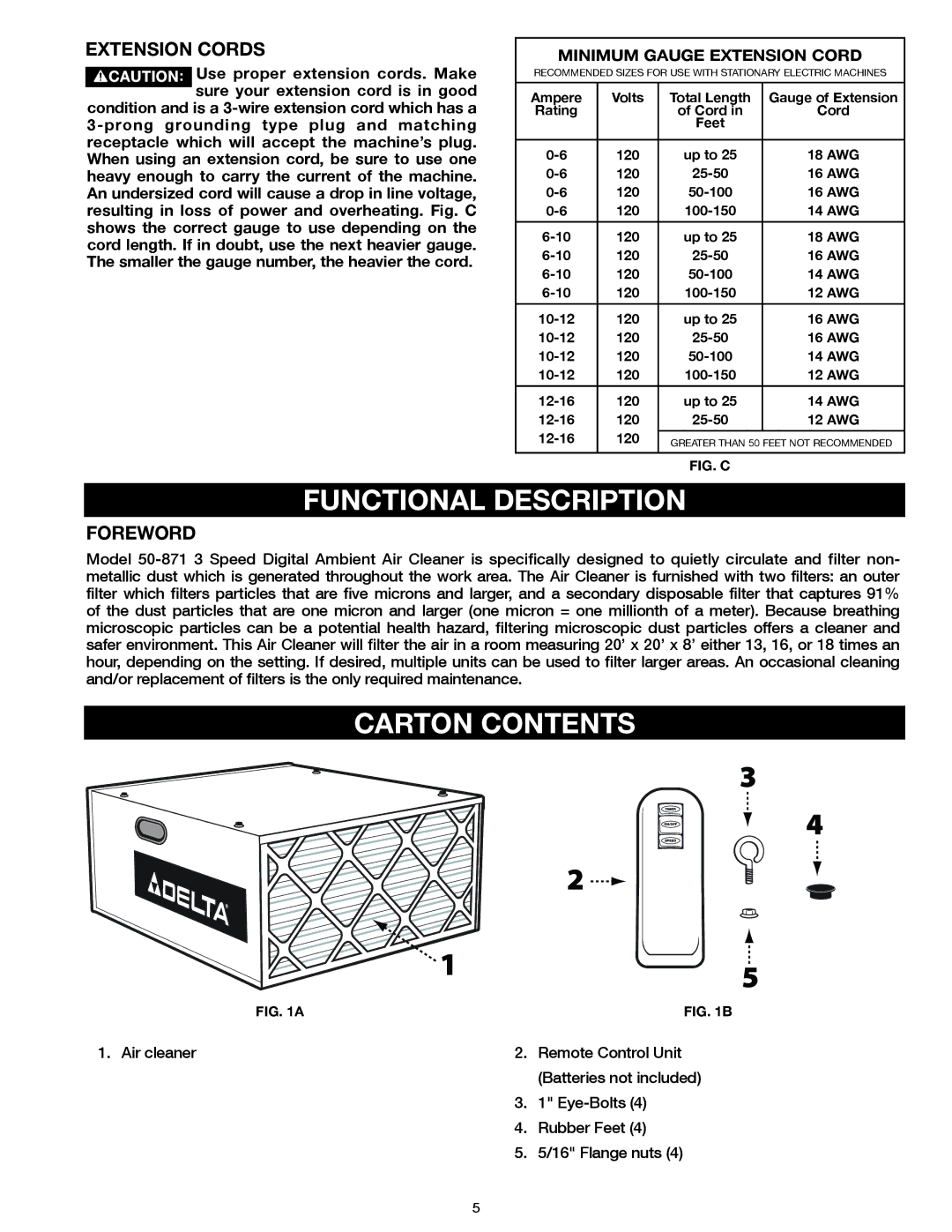 Delta 50-871 instruction manual Carton Contents, Extension Cords, Foreword 